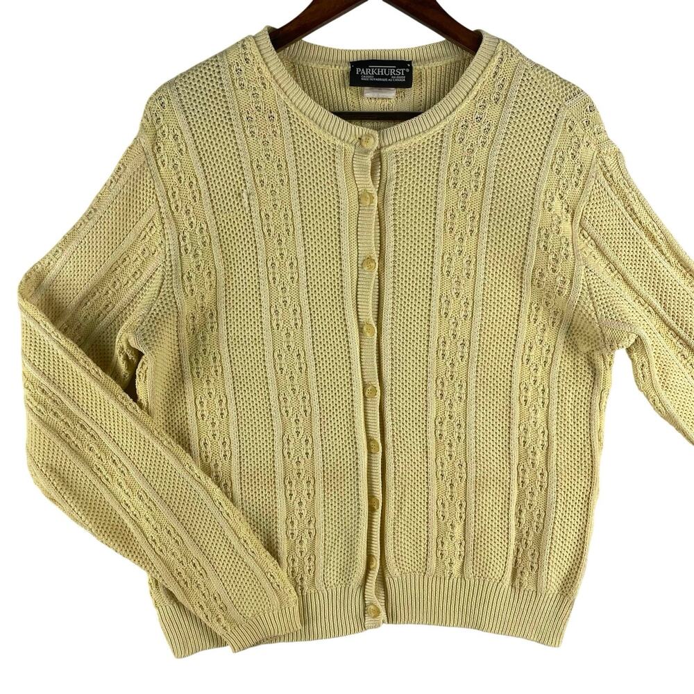 VTG Parkhurst WMNS Cardigan Sweater Yellow Pointelle Cable Knit Button Canada
